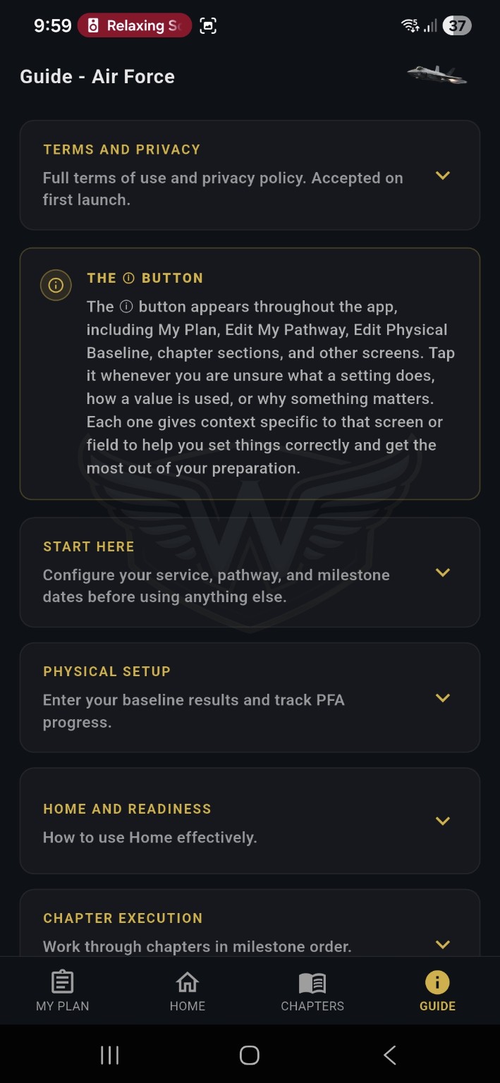Guide section with context-specific help